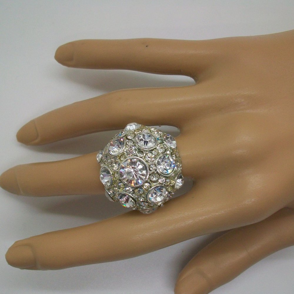 Clear Rhinestone Silver Tone Metal Round Statement Stretch Ring